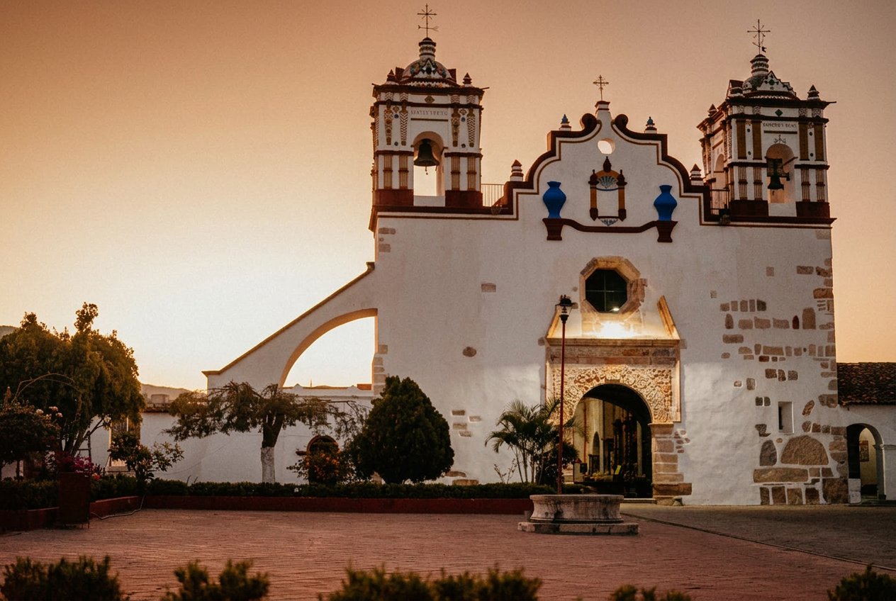 Historic church of Santo Tomás Apóstol at sunset in the main plaza of Teotitlán del Valle, Oaxaca
